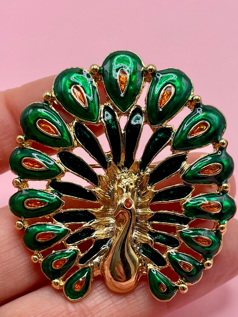 Rare Enamel Green/Black/Orange Gold-tone Peacock Brooch - HTF - Picture 2 of 6